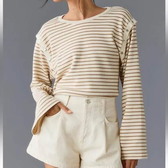 Anthropologie Maeve Slouchy Striped Long-Sleeve Oversized Casual Tee - Picture 1 of 5